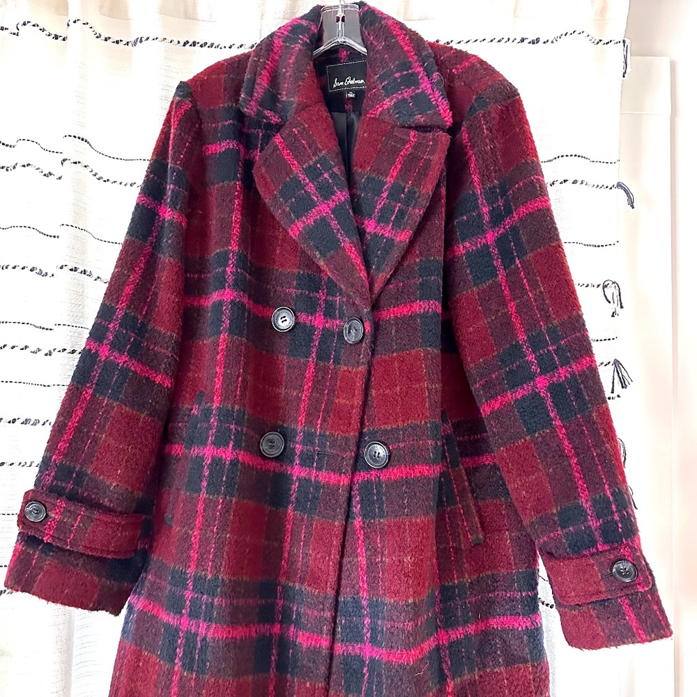 Sam Edelman Plaid Double Breasted A-Line Coat - Burgundy/Curly Pink Plaid
